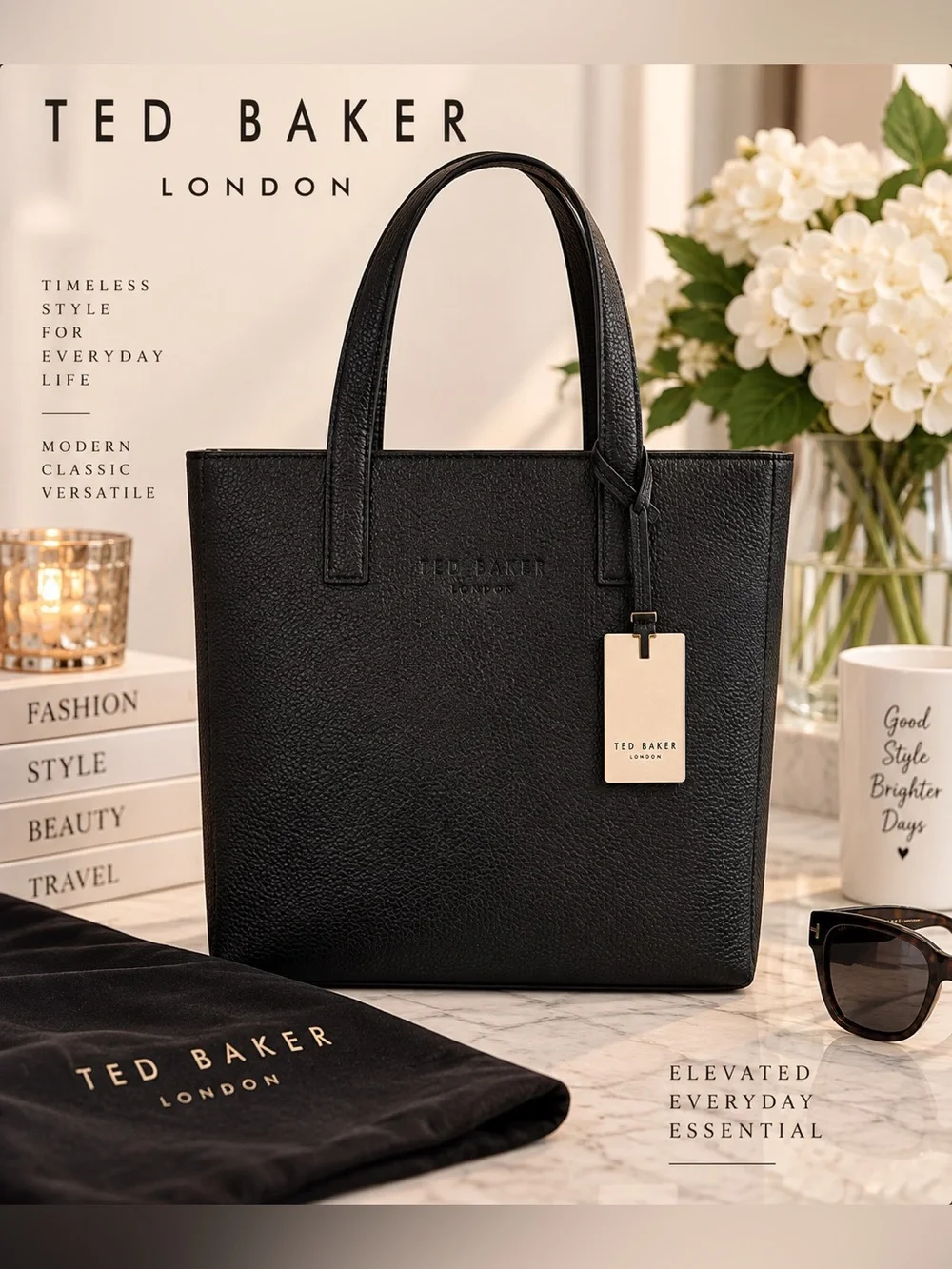 NWT Ted Baker London The Icon Black Small Tote Bag Embossed Logo